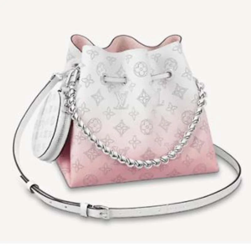 Louis Vuitton tote bags with a printed LV logo on the front for brand visibilityLouis Vuitton LV Women Bella Bucket Bag Gradient Pink Mahina Perforated Calf Leather