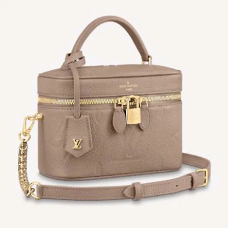 Louis Vuitton Alma bags featuring the signature top - handle designLouis Vuitton LV Women Vanity PM Handbag Tourterelle Beige Embossed Grained Cowhide Leather