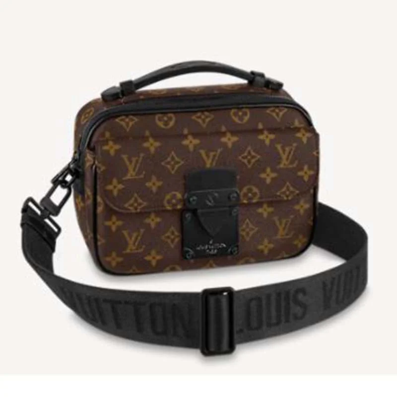 Louis Vuitton crossbody bags with a printed floral pattern for femininityLouis Vuitton LV Unisex S Lock Messenger in Brown Monogram Macassar Coated Canvas