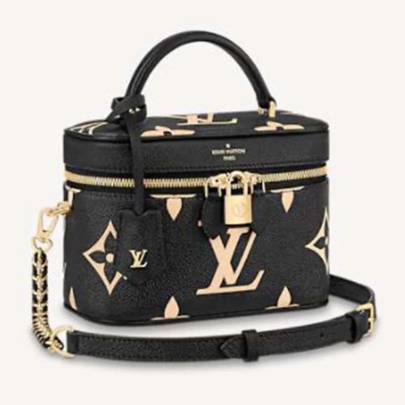 Louis Vuitton Alma bags with a leather - wrapped handle for a luxurious feelLouis Vuitton LV Women Vanity PM Handbag Black Beige Embossed Grained Cowhide Leather