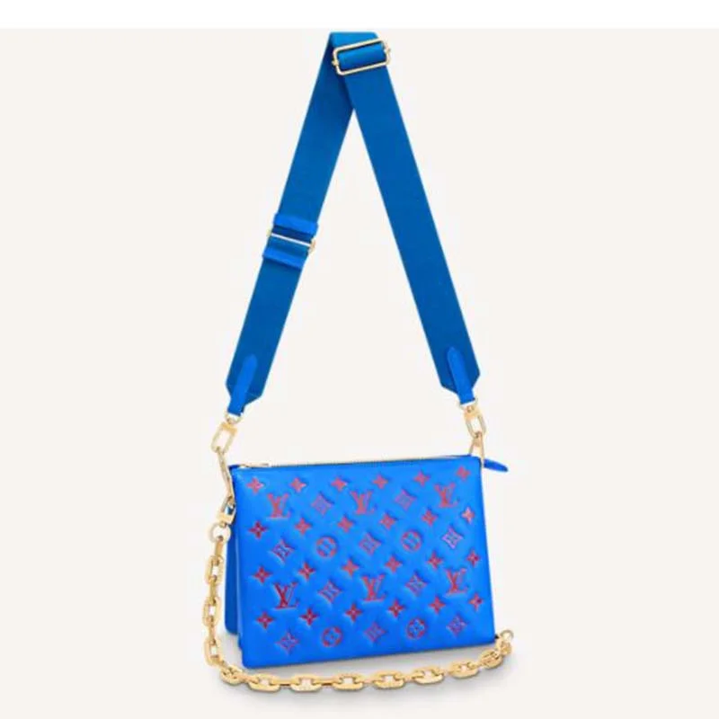 Ladies Louis Vuitton Capucines bags with gold - toned hardwareLouis Vuitton LV Unisex Cruissin PM Handbag Blue Red Monogram Embossed Puffy Lambskin