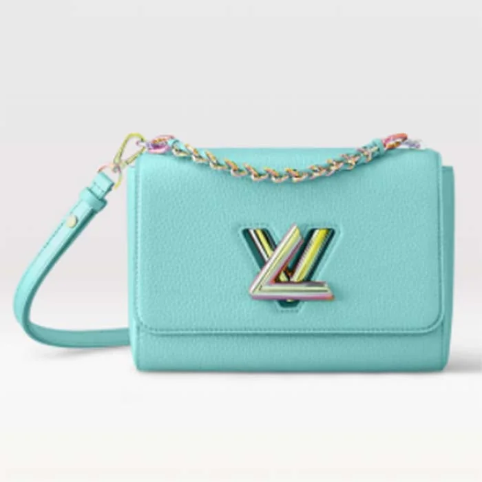 Ladies Louis Vuitton Petite Malle bags with a star - shaped charm for cutenessLouis Vuitton LV Women Twist MM Handbag Blue Grained Calfskin Leather