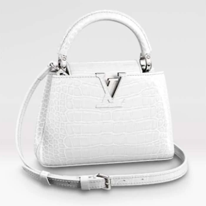 Ladies Louis Vuitton Capucines bags with gold - toned hardwareLouis Vuitton LV Women Capucines Mini Handbag White Brilliant Crocodilien Leather