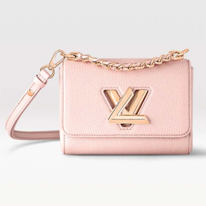 Louis Vuitton bags with a chain - link trim and a leather body for a modern edgeLouis Vuitton LV Women Twist PM Handbag Pink Grained Calfskin Leather