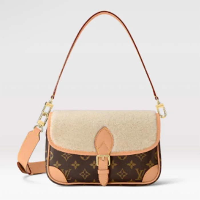 Louis Vuitton bags with a detachable mirror inside for on - the - go touch - upsLouis Vuitton LV Women Diane Handbag Beige Brown Monogram Coated Canvas Shearling