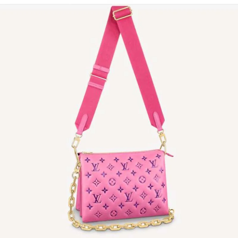 Louis Vuitton Twist bags with a contrast - colored interior for visual interestLouis Vuitton LV Women Cruissin PM Handbag Pink Purple Monogram Embossed Puffy Lambskin