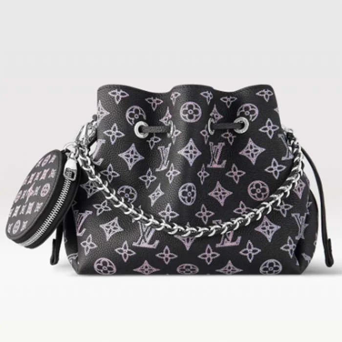 Louis Vuitton Twist bags with a crystal - embellished LV - turnlockLouis Vuitton LV Women Bella Bucket Bag Black Perforated Mahina Calf Leather