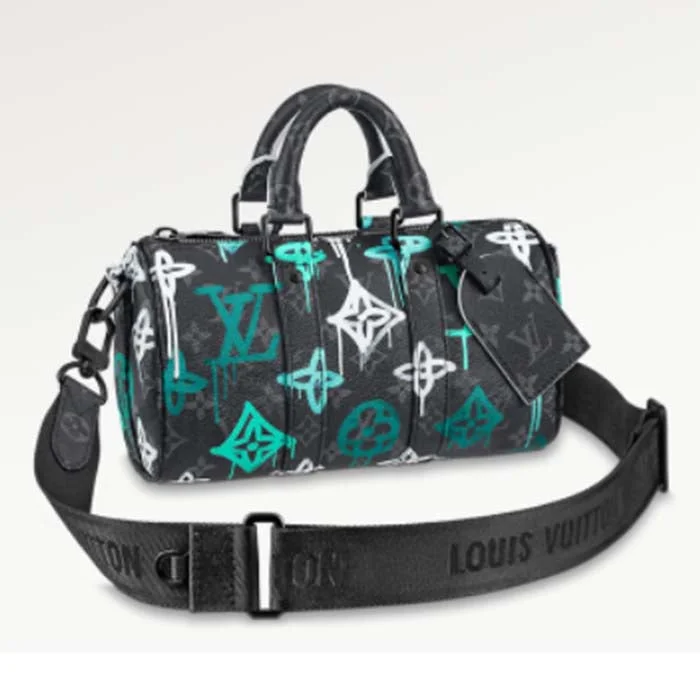 Louis Vuitton bags with a detachable mirror inside for on - the - go touch - upsLouis Vuitton LV Unisex Keepall Bandoulière 25 Graffiti Green Monogram Coated Canvas