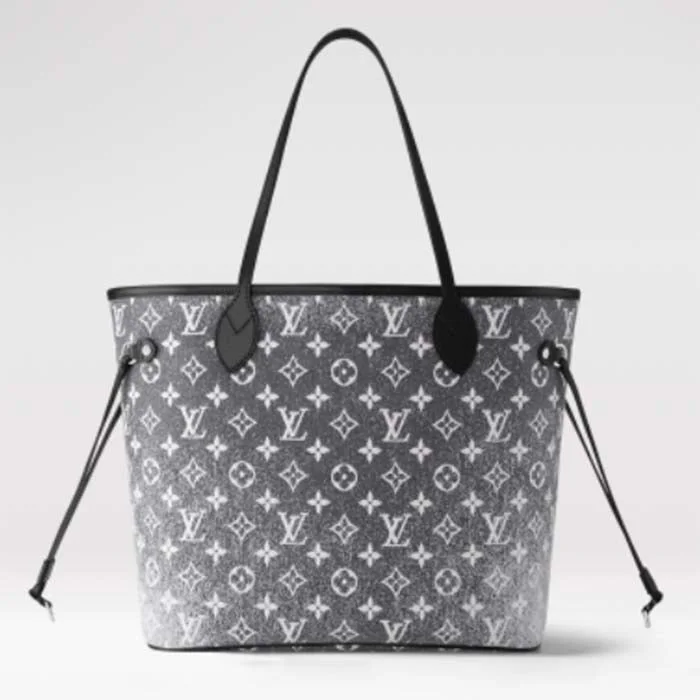 Louis Vuitton Twist bags with a snakeskin - effect panel for a bold lookLouis Vuitton LV Women Neverfull MM Tote Gray Denim Textile Jacquard