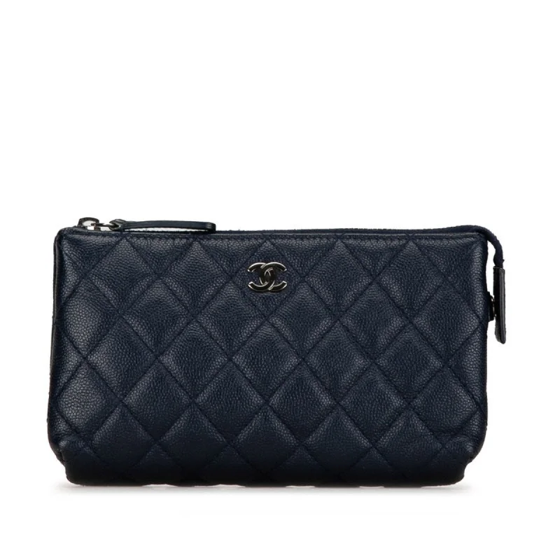 Chanel classicChanel Coco Mark Pouch Navy Silver Leather Women's CHANEL