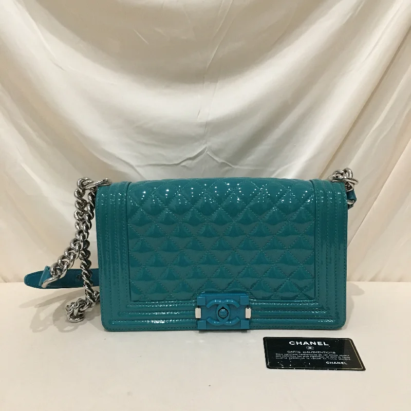 Chanel Handbag with Adjustable Strap for ComfortChanel Green Patent Old Medium Boy Flap Shoulder Bag Sku# 76385