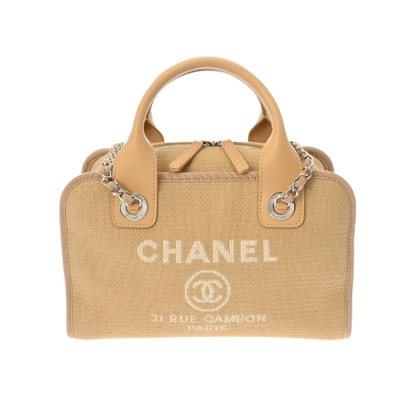 Chanel bags with intricate metal hardwareCHANEL Deauville Bowling Bag Beige A92750 Women's Canvas Leather Tote