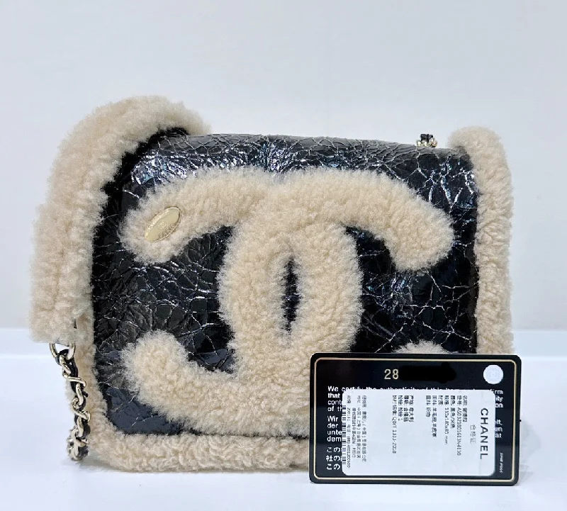 Chanel bags with iconic stitching detailsCHANEL Crumpled Calfskin Shearling CC Flap Black Beige