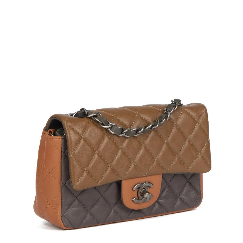 Chanel bags available at online luxury retaileChanel Khaki, Grey & Dark Beige Quilted Lambskin Rectangular Mini Flap Bag