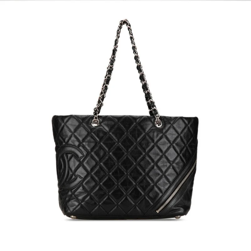 Chanel bags with leather and tweed combinationsChanel Coco Mark Cambon Chain Handbag Tote Bag Black Silver Leather Women's CHANEL