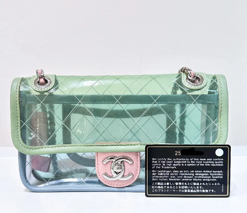 Chanel bags available in bold colors and patternsChanel Coco Splash PVC Mini Flap Bag Blue/Green/Pink Silver Hardware