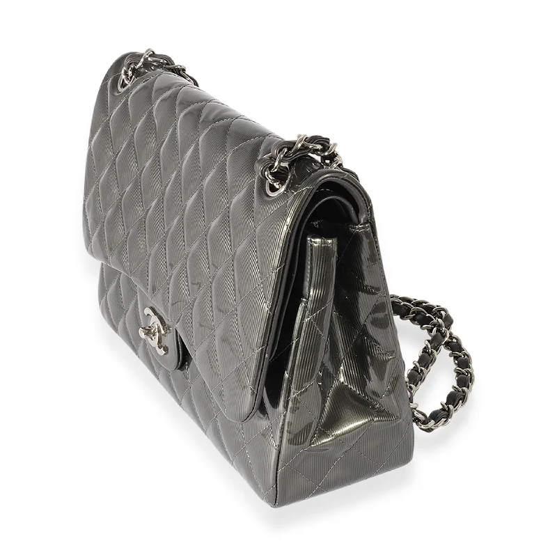 Chanel bags for the minimalist fashionChanel Grey Patent Leather Stripe Jumbo Double Flap