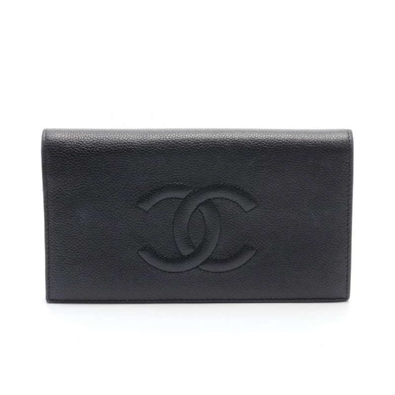 Chanel Vintage Inspired Handbag for Retro LoversCHANEL Coco Mark Bi-fold Long Wallet Caviar Skin Women's Black