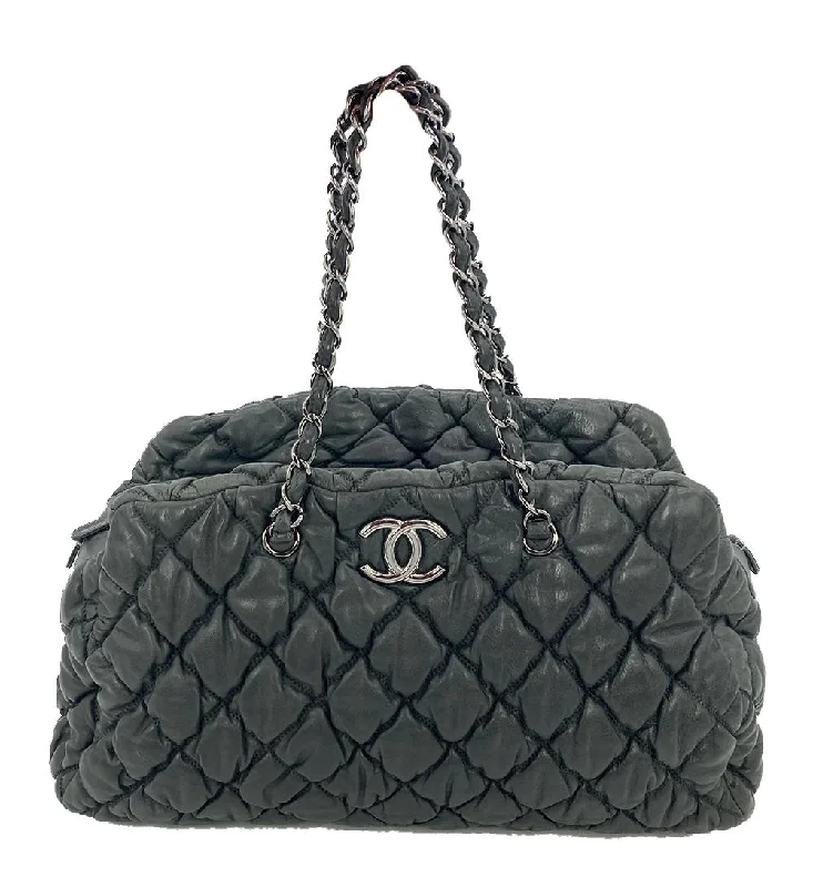 Chanel bags with exclusive seasonal designs and materialsCHANEL Dark Gray Quilted Puffy Leather Shoulder Bag Tote