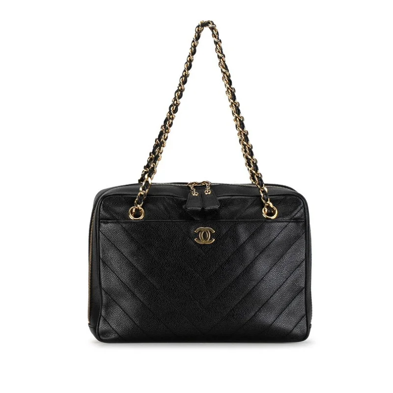 Chanel bags for women who love timeless fashionChanel Coco Mark V Stitch Double Flap Chain Shoulder Bag Black Caviar Skin Women's CHANEL