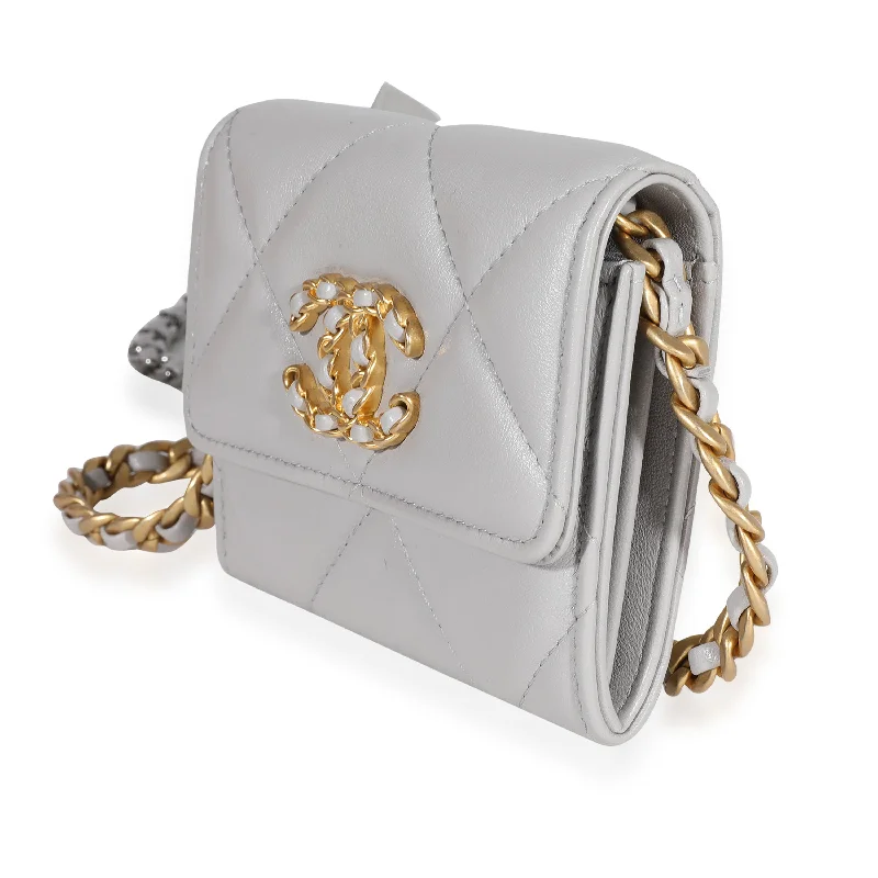 Chanel bags available at online luxury retaileChanel Gray Quilted Lambskin Chanel 19 Flap Coin Purse with Chain