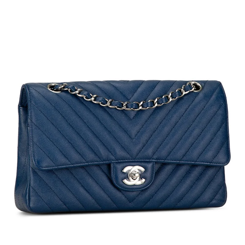 Chanel classicChanel Coco V Stitch Double Flap Chain Shoulder Bag Blue Leather  Chanel