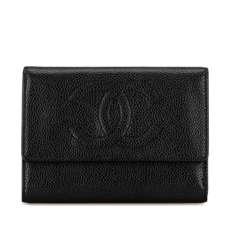 Chanel Designer Handbag with Unique DesignCHANEL Coco Mark Tri-fold Wallet Black Caviar Skin Women's