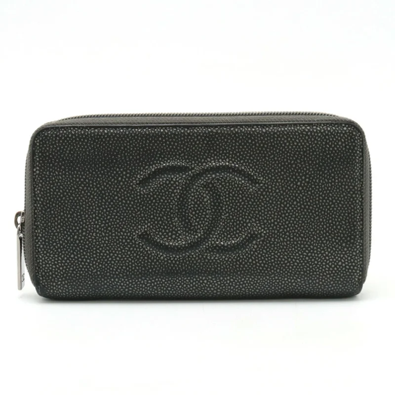 Chanel bags with modern touchesCHANEL Coco Mark Round Long Wallet Caviar Skin Leather Metallic Gray A50071