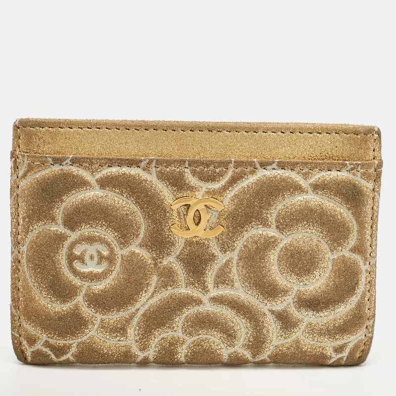 Chanel Lightweight Handbag for Daily ErrandsCHANEL Gold Suede Camellia Embossed Classic Card Holder